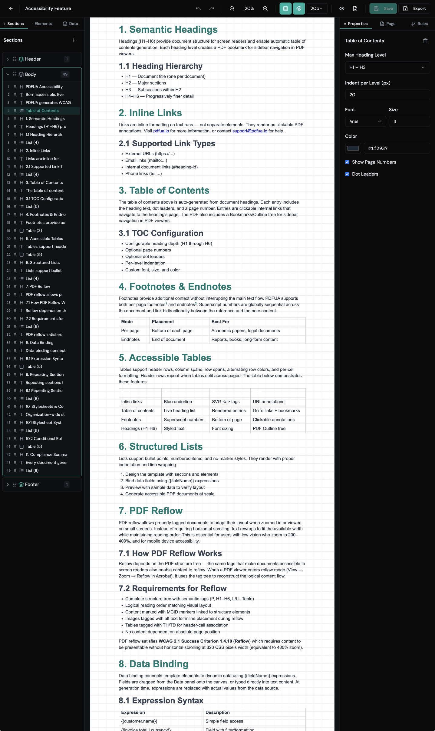 PDFUA visual template designer — structured element tree on the left, document canvas in the centre, properties panel on the right