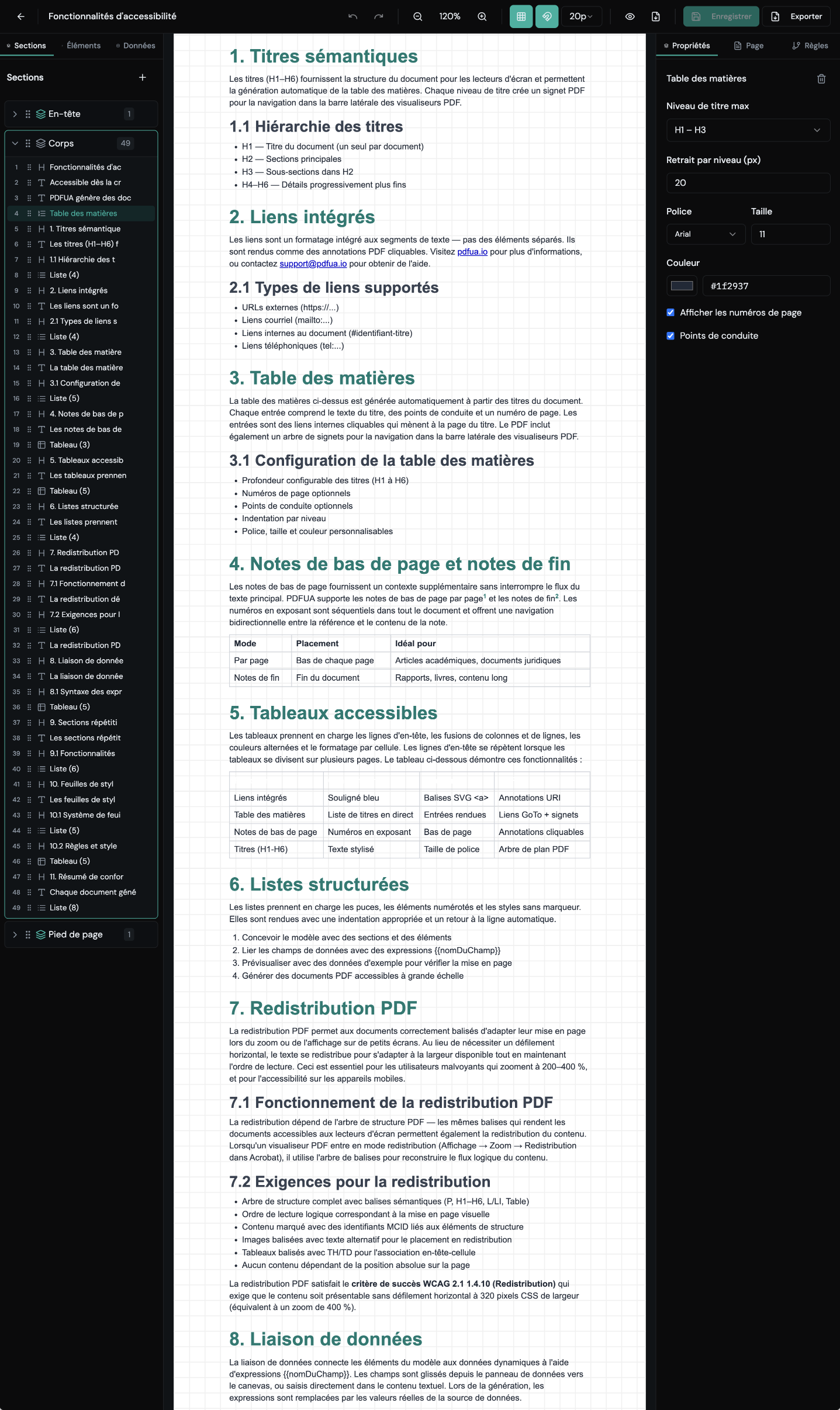 Designer visuel PDFUA — arbre d'éléments structuré à gauche, canevas du document au centre, panneau de propriétés à droite